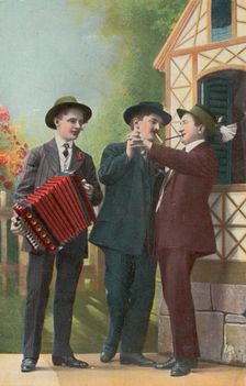 Two Dutch men dancing together, accompanied by an accordionist, (between 1900 and 1909?). Creator: Unknown