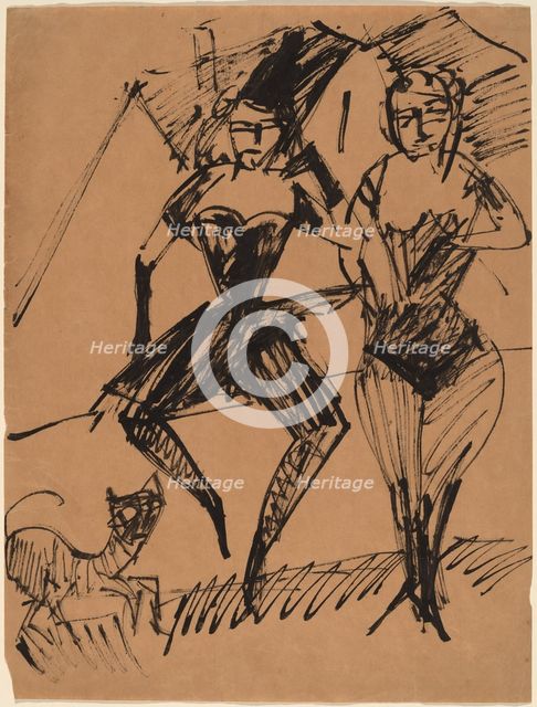 Two Dancers with a Cat, 1913. Creator: Ernst Kirchner.