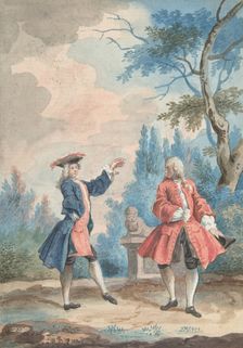 Two dancing male figures in a landscape, 18th century. Creator: Anon