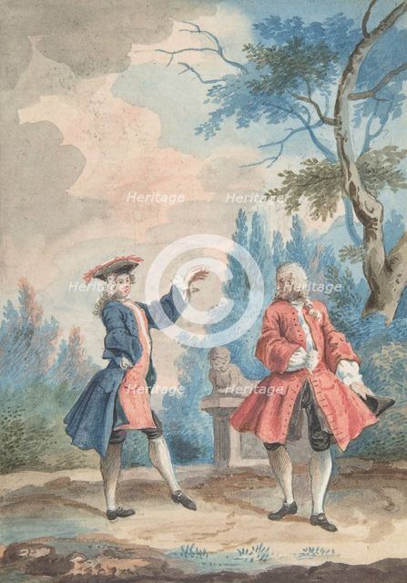 Two dancing male figures in a landscape, 18th century. Creator: Anon.
