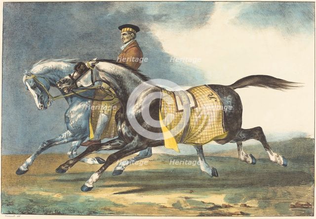 Two Dapple-Gray Horses Exercising (Deux chevaux gris pommele que l'on promene), 1822. Creator: Theodore Gericault.