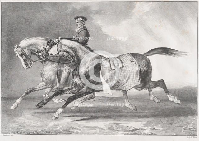 Two Dappled-Grey Horses Being Exercised, 1822. Creator: Theodore Gericault.
