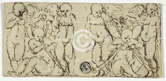 Two Decorative Groups of Putti with Trumpets and Fruit, n.d. Creator: Unknown.
