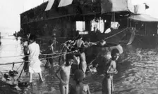 Two decker barge used to move British troops up the Tigris from Amarah to Baghdad, 1918
