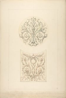 Two designs for decorative motifs featuring cornucopia and rinceaux, 1830-97. Creators: Jules-Edmond-Charles Lachaise, Eugène-Pierre Gourdet