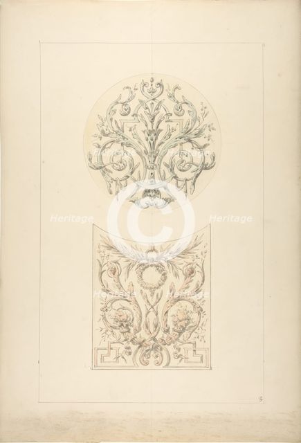 Two designs for decorative motifs featuring cornucopia and rinceaux, 1830-97. Creators: Jules-Edmond-Charles Lachaise, Eugène-Pierre Gourdet.