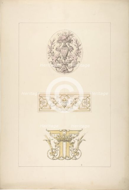 Two designs for decorative panels and one design for an ornamental monogram..., 1830-97. Creators: Jules-Edmond-Charles Lachaise, Eugène-Pierre Gourdet.