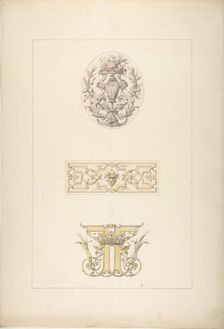 Two designs for decorative panels and one design for an ornamental monogram..., 1830-97. Creators: Jules-Edmond-Charles Lachaise, Eugène-Pierre Gourdet