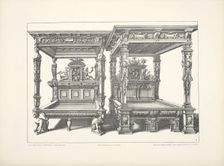 Two designs for four-poster beds with carved figures and faces on headboards, one with..., c1869. Creator: Unknown