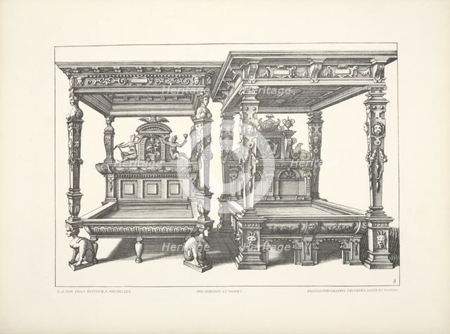 Two designs for four-poster beds with carved figures and faces on headboards, one with..., c1869. Creator: Unknown.