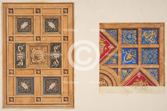 Two designs for paneled ceiling with painted decoration, 19th century. Creators: Jules-Edmond-Charles Lachaise, Eugène-Pierre Gourdet.