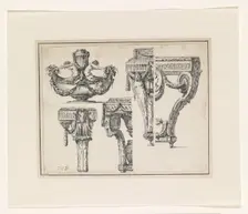 Two designs for tables, stands, a vase and a bowl on a stand, c.1765-c.1780. Creator: Jean Charles Delafosse