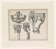Two designs for tables, stands, a vase and a bowl on a stand, c.1765-c.1780. Creator: Jean Charles Delafosse