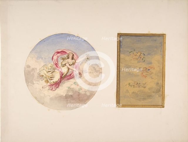 Two designs for the decoration of ceilings with figures in clouds, 1830-97. Creators: Jules-Edmond-Charles Lachaise, Eugène-Pierre Gourdet.