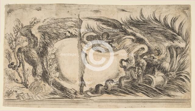 Two Different Halves of Cartouches Each Showing an Eagle Fighting a Serpent, 1646. Creator: Stefano della Bella.