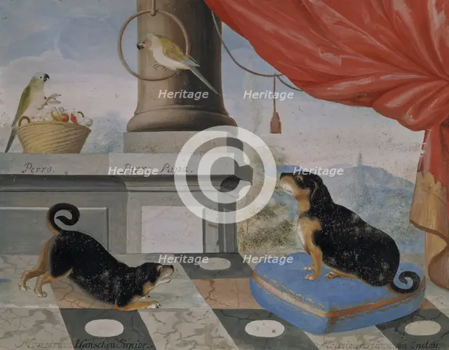 Two dogs and two parrots on a balcony, 1724. Creator: Philip Thelott.