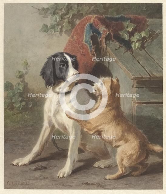 Two dogs by a kennel, 1838-1895. Creator: Conradyn Cunaeus.