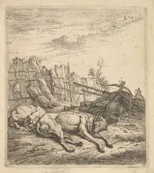 Two dogs sleeping on the ground; a plough, farm equipment, bunches of straw, and a ..., ca. 1641-78. Creator: Karel Du Jardin