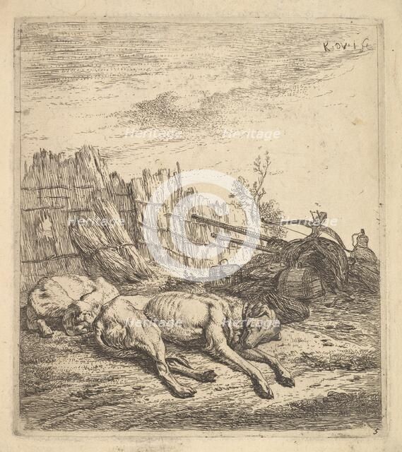 Two dogs sleeping on the ground; a plough, farm equipment, bunches of straw, and a ..., ca. 1641-78. Creator: Karel Du Jardin.