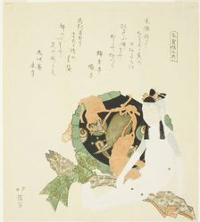 Two dolls and a brocade bag, from the series "Clothing, Food, and Shelter (Ishokuju no uchi)", 1818. Creator: Totoya Hokkei