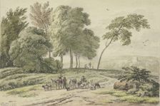 Two donkey drivers from behind by a group of trees, 1689. Creator: Unknown