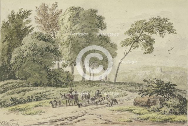 Two donkey drivers from behind by a group of trees, 1689. Creator: Unknown.