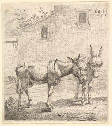 Two donkeys standing in a grassy yard, one in profile view facing right and another behind..., 1652. Creator: Karel Du Jardin