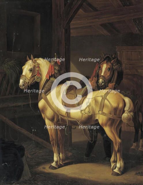Two draft horses in the stable, 1832. Creator: Johann Baptist Dallinger von Dalling.