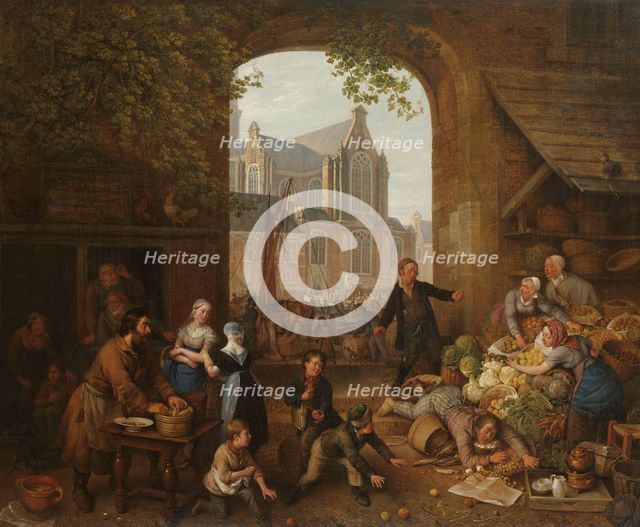 Two Drunkards at the Market near the Westerkerk in Amsterdam, 1821. Creator: Peter Paul Joseph Noël.