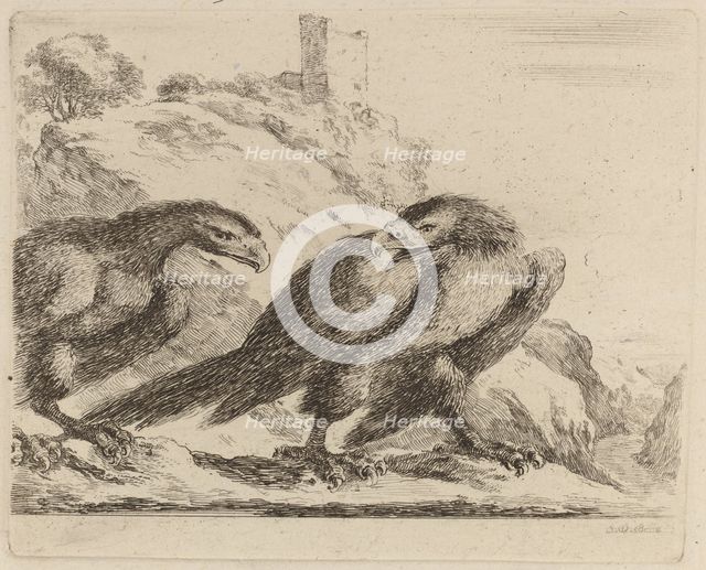 Two Eagles with Tower in Background. Creator: Stefano della Bella.
