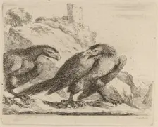 Two Eagles with Tower in Background. Creator: Stefano della Bella