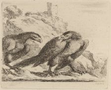 Two Eagles with Tower in Background. Creator: Stefano della Bella