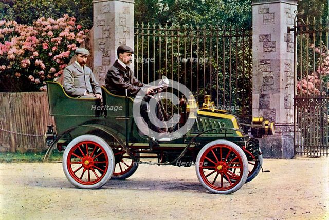 Two Edwardian gentlemen sitting in a motor car, 1902-1903. Artist: John Swan & Son