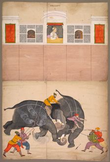 Two Elephants Fighting in a Courtyard Before Muhammad Shah, c. 1730-40. Creator: Nainsukh (Indian, 1710-1778), attributed to