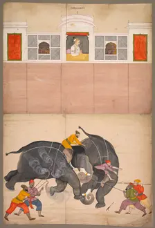 Two Elephants Fighting in a Courtyard Before Muhammad Shah, c. 1730-40. Creator: Nainsukh (Indian, 1710-1778), attributed to