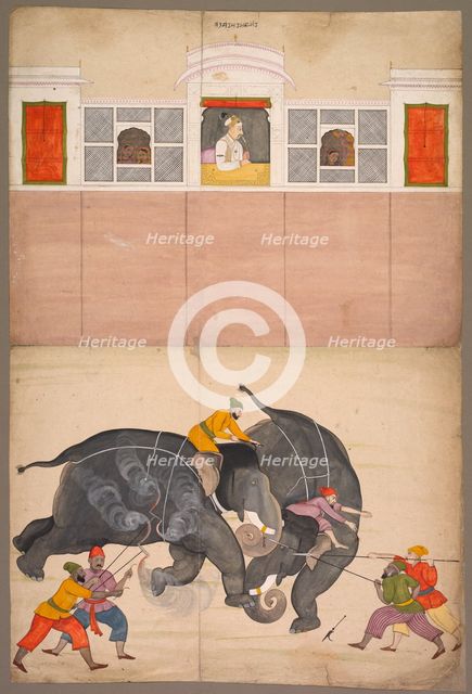 Two Elephants Fighting in a Courtyard Before Muhammad Shah, c. 1730-40. Creator: Nainsukh (Indian, 1710-1778), attributed to.