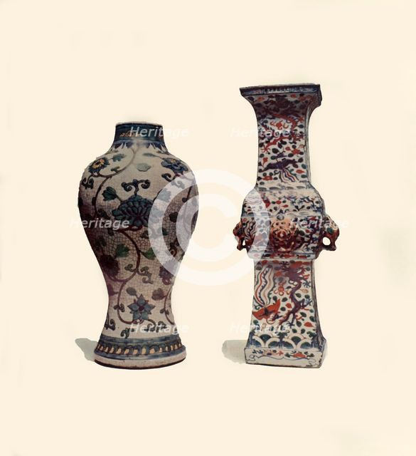 Two enamelled porcelain vases, Chinese, 15th-17th centuries, (1908).  Creator: Unknown.