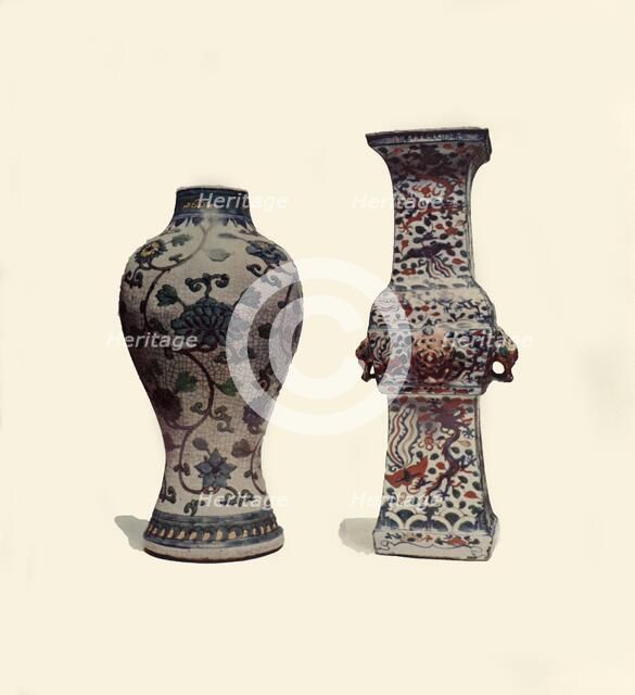 Two enamelled porcelain vases, Chinese, 15th-17th centuries, (1908).  Creator: Unknown.