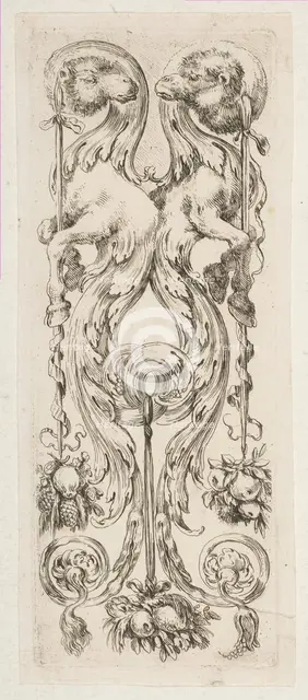 Two Facing Camel Heads with Bodies Terminating in Ornament, ca. 1653. Creator: Stefano della Bella.