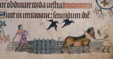 Two farm workers with a harrow, c1300-c1340. Creator: Unknown