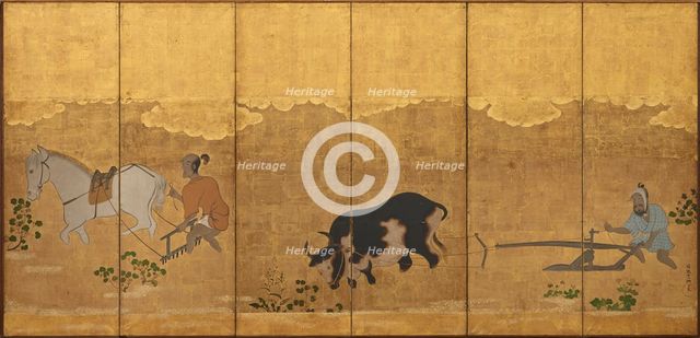 Two farmers ploughing and harrowing a rice field, Edo period, 1615-1868. Creator: Unknown.
