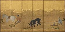 Two farmers ploughing and harrowing a rice field, Edo period, 1615-1868. Creator: Unknown