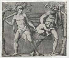 Two Fauns Carrying a Child in a Basket, c. 1513-1515. Creator: Marcantonio Raimondi (Italian, 1470/82-1527/34)