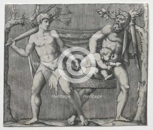 Two Fauns Carrying a Child in a Basket, c. 1513-1515. Creator: Marcantonio Raimondi (Italian, 1470/82-1527/34).