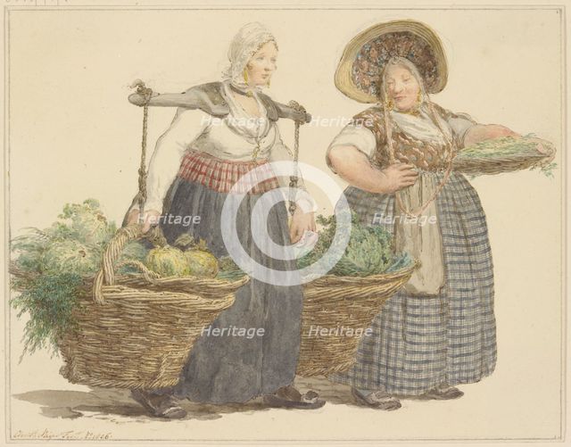 Two female vegetable vendors with their wares, before 1817. Creator: C. H. Meyer.