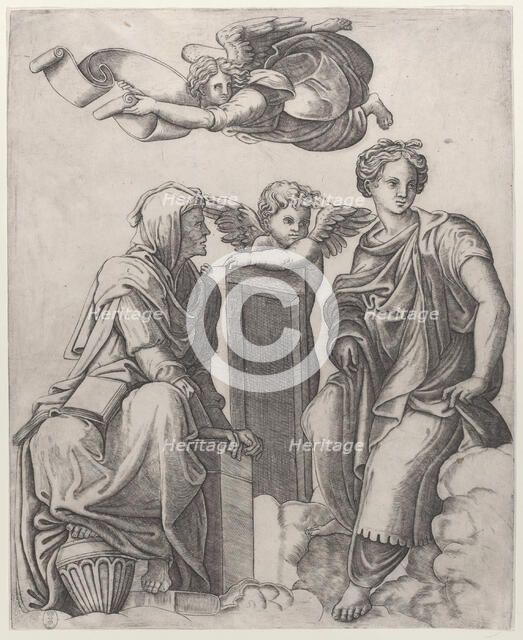 Two female figures seated in the clouds flanking an angel and another flying above ..., ca. 1510-25. Creator: Giovanni Antonio da Brescia.