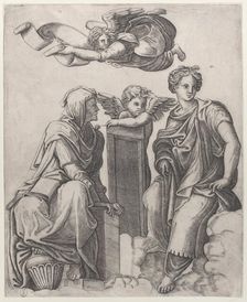 Two female figures seated in the clouds flanking an angel and another flying above ..., ca. 1510-25. Creator: Giovanni Antonio da Brescia
