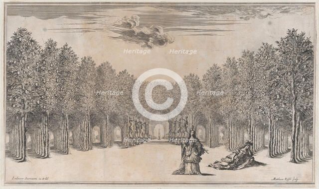 Two females in the foreground, one standing the other reclining, surrounded by tree-lined ..., 1668. Creator: Mathäus Küsel.