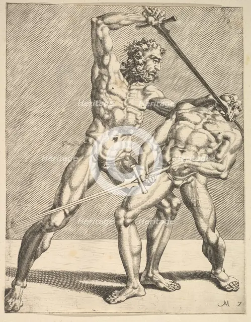 Two Fencers, from Fencers, plate 7, 1552. Creators: Dirck Volkertsen Coornhert, Cornelis Bos.