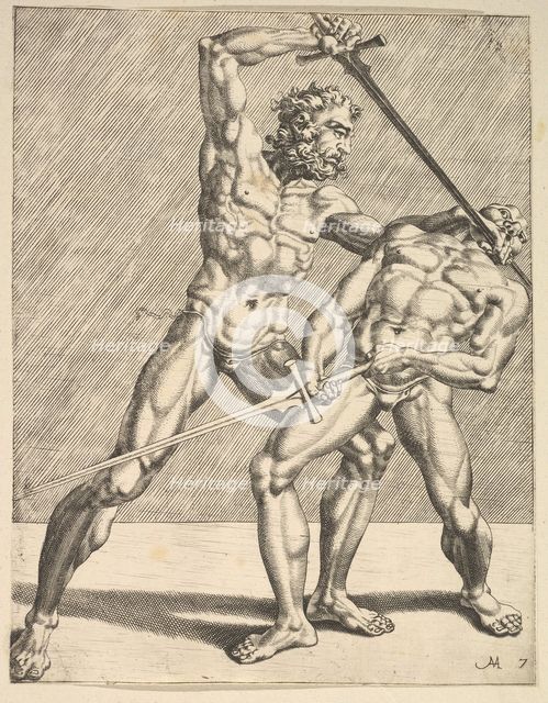 Two Fencers, from Fencers, plate 7, 1552. Creators: Dirck Volkertsen Coornhert, Cornelis Bos.
